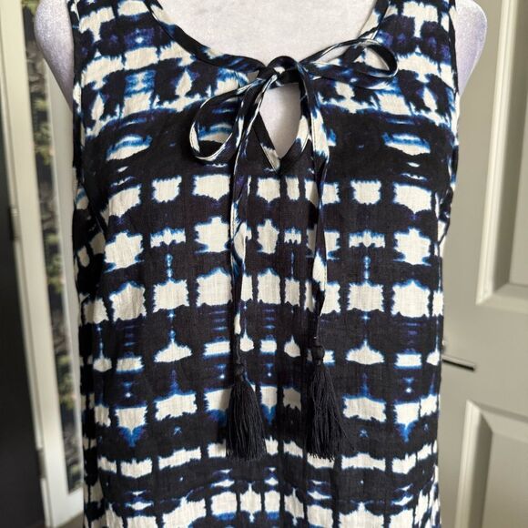 Cynthia Rowley 100% Linen Resortwear Navy and White Tie-Dye Shift Dress Size 6 - Picture 3 of 7
